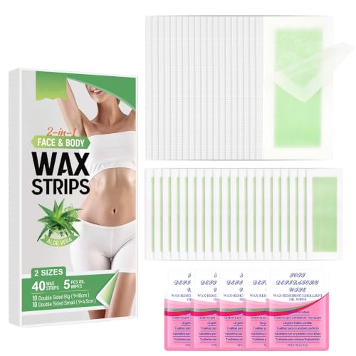 40 Piezas Bandas Depilatorias,Bandas De Cera Fría Para Depilatoria Facial Listas Para Usar,Wax Strips Para El Rostro, Las Axilas, Los Brazos Y Las Piernas,Fórmula Suave