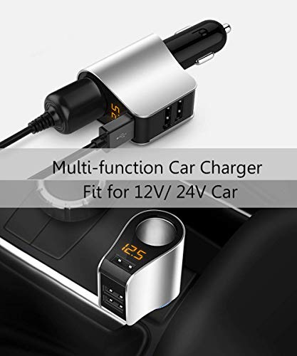 Car Charger Extension Cigarette Lighter Adapter,Socket Splitter with 3 USB and Voltage Meter,Compatible for iPhone 8/7/X/6S/XR,iPad,Samsung Galaxy S9/S8,iPad,GPS,Android Phone (Silver)