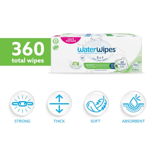 Image of WaterWipes Sensitive+ Hydrating Boost Wipes, 3-In-1 Cleans, Cares, Hydrates, 99% Water with Aloe Vera, Unscented & Hypoallergenic Baby Wipes, 360 Count (6 Packs)