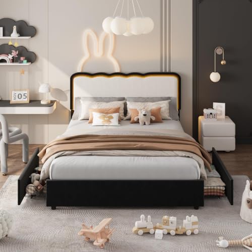 Image of Garvee Irregular Wave LED 2-Drawer Soft Upholstered Bed, Soft Padding