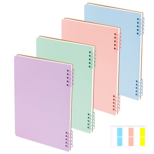4 Pack A5 Spiral Notebook with 60 Pcs Tabs, Assorted Colors Line Journal, Hardcover Subject Notebook College Ruled, 80 Sheet Thick Paper Smooth Writing Aesthetic for School Students Women (Line)