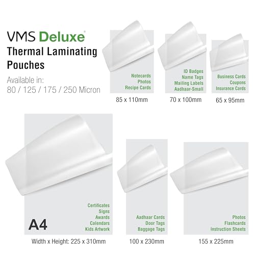 Image of VMS Deluxe Thermal Lamination Pouch (Sheets) 70x100mm 250 Micron - Set of 2 (200 Laminating Sheets) For ID Card size