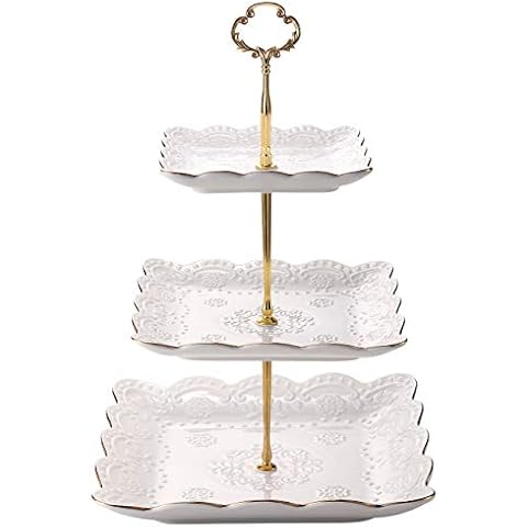 Sumerflos 3-Tier Square Porcelain Cake Stand, White Rimmed with Gold Embossed Cupcake Dessert Stand - Tiered Serving Tray for Tea Party and Show Cover