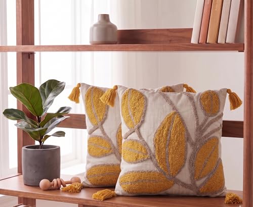 Image of Furnistitchs Handmade Cotton Bohemian Home Decor Cushion Cover 24x24 inches / 60x60 cms - Boho Chic Couch Sofa Throw Living Room Bedroom Cushions (1, Mustard Leaves)