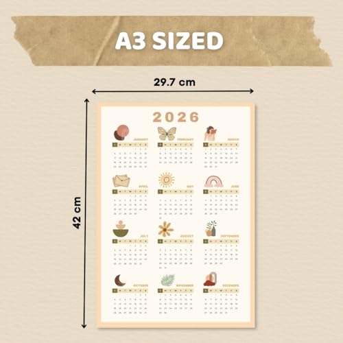 Image of Funk You Store Boho Themed Calendar 2026 Poster | A3 Sized (42 x 29 cm) Poster Cute Calender for Boho Themed Home Decor | Feel Good-Calendar 2026 Posters for Wall | Aesthetic Wall Room Decor