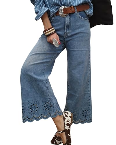 Women's High Waisted Flare Jeans Stretchy Wide Leg Loose Trendy Raw Hem Cropped Denim Pants