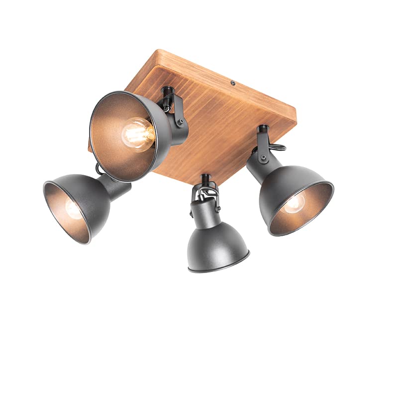 Qazqa - Industrial Spotlight Ceiling Black with Wood tiltable 4-Way Light - Tommy- - Industrial - Suitable for LED E14 | 4 Way Light - Steel Surface-Mounted spotway Light - Suitable for Living Room
