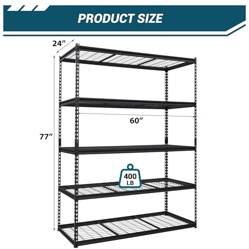 GarveeHome Garage Shelving, 5-Tier Heavy Duty Garage Shelving, 60" L x 24" W x 78" H Storage Shelves Adjustable Height, Metal Shelves for Kitchen Pantry Basement Laundry, Easy Assemble
