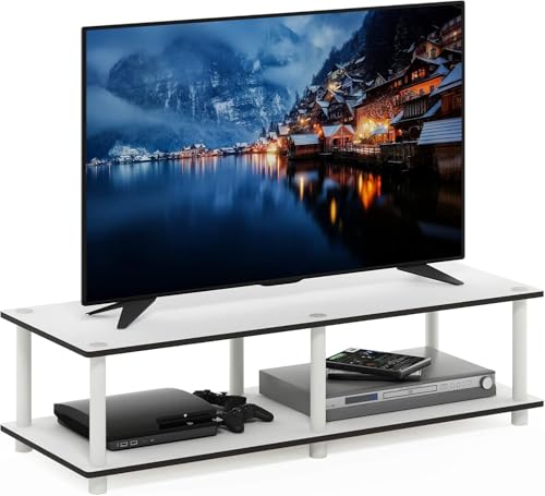Image of Furinno JUST Toolless TV Stand, 2-Tier Wide Entertainment Center for TV up to 46 Inch, Open Shelf TV Console, for Living Room, Bedroom, Plain White