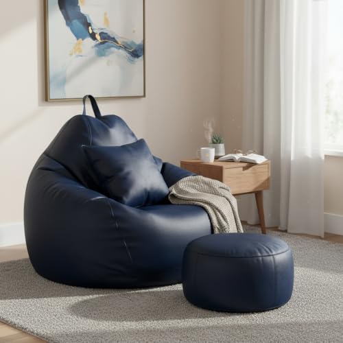 Image of 6XL Jumbo Premium Bean Bag Chair with Footrest & Cushion | Filled with High Density EPS Beans | Comfortable Sofa for Living Room & Bedroom | 6 Months Warranty, Color- (NAVY BLUE, 6XL, Premium)