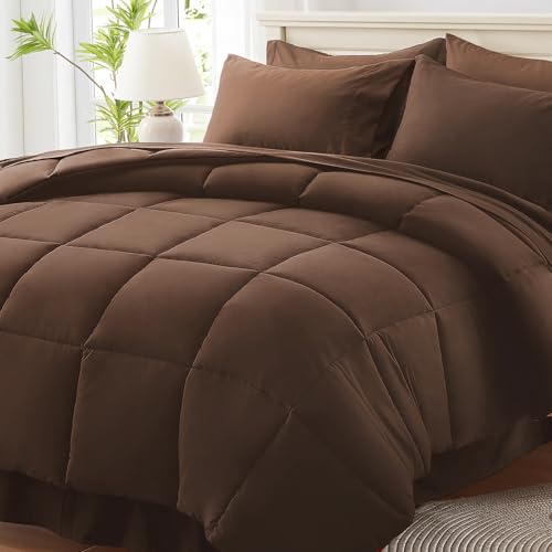 Anluoer Twin Size Bed in a Bag 5 Pieces, Brown Bed Comforter Set with Sheets, All Season Bedding Sets with 1 Comforter, 1 Pillow Sham, 1 Pillowcase, 1 Flat Sheet, 1 Fitted Sheet