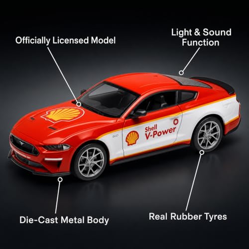 Image of Wizplex CCA Ford Mustang GT 2018 Shell V-Power 1:34 Scale Officially Licensed Die Cast Metal Car - Pull Back with Openable Doors, Light & Sound, Collectible Showpiece for Kids 3+