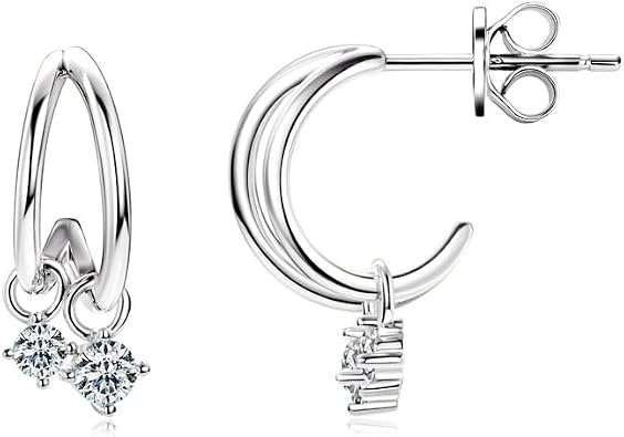 Sterling Silver Crescent Moon 2 Diamond Stud Earrings for Women, D-color VVSI Diamond Studs for Women, Ideal Gift for Friends or Loved Ones