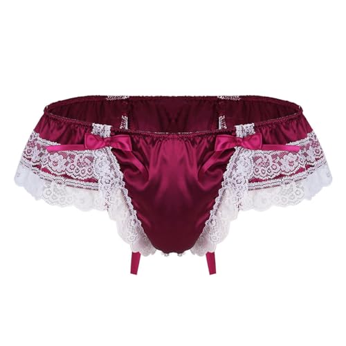 Satin Panties for Men Lace Thong Underwear Crossdressers Pouch Briefs with Back Bow Sexy Sissy Lingerie
