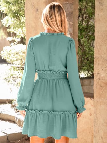 BerryGo Womens Long Sleeve Mini Dress Casual Ruffle V Neck High Waist Country Western Dresses with Pockets Green XL — view 3