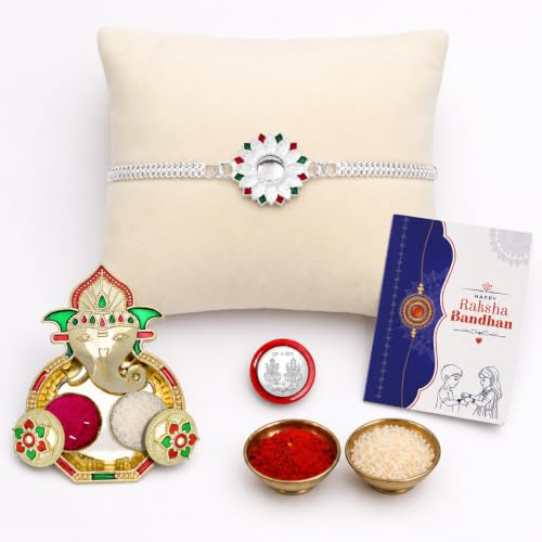 Image of Oblivion Rakhi Set for Brother - Fancy Floral Rakhi for Brother with Ganesh Ji Pooja Thali, Pooja Coin, Roli Chawal & Card | Combo for Raksha Bandhan