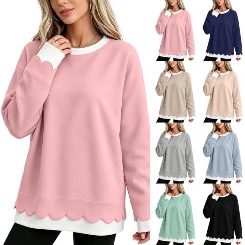 Crewneck Sweatshirt for Women Scallop Hem Loose Long Sleeve Pullover Tops - image 1