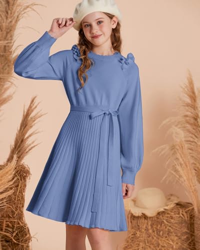 GRACE KARIN Girls Sweater Dress Fall Winter Knit Long Sleeve Ribbed Ruffle Waist Tie Size 5-12 Cream3