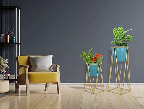 Image of AMASS HANDICRAFTS Planters for Indoor Plants Metal Planters with Stands & Indoor Plant Pots for Indoor Plants & Mid Century Plant Stands with Pots & Plant Pots Indoor Planter Set of 2 (Blue)
