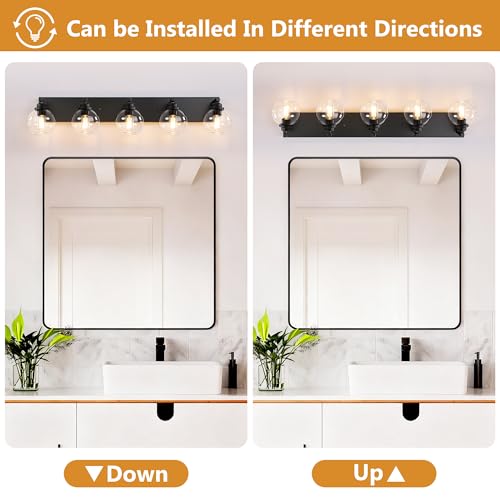 Image of LmnLvn Farmhouse 5-Light Vanity Light, Matte Black Metal with Glass Shade