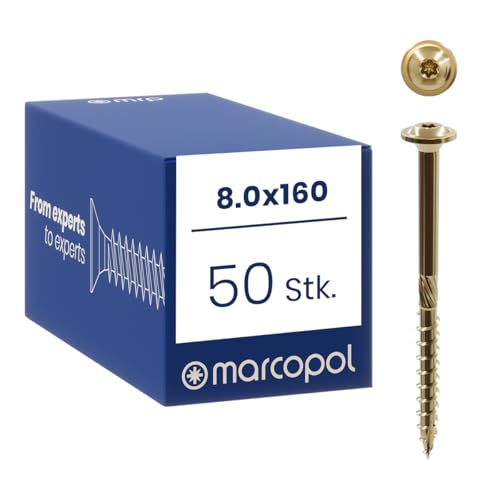 Marcopol Holzbauschrauben mit Tellerkopf 8 x 160 mm 50 Stück TX40 Gelb Verzinkt - Tellerkopfschrauben mit Torx Antrieb - Schrauben mit Frässpitze Schneidkerben Aufbohrfräse und Wachsbeschichtung