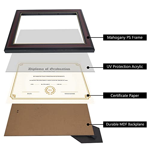 GraduatePro 8.5x11 Diploma Frame, Picture Frame for Wall and Tabletop Display with UV Protection Acrylic, Professional Wooden Look, Mahogany with Gold Beaded, Pack of 2