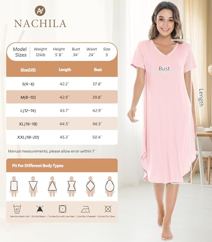 Image of NACHILA Nightgowns for Women-Viscose Made from Bamboo, V Neck Sleepshirts Short Sleeve Sleepwear Cool Nightshirt