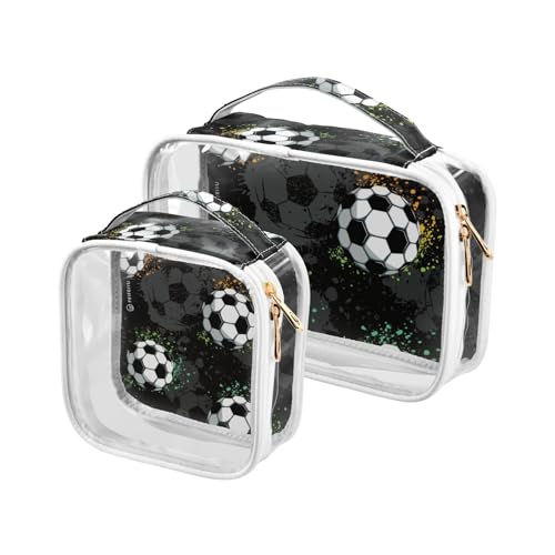 SUABO White and Black Soccer Toiletry Bag, 2 Pack Clear Makeup Bags with Handle Large Opening, Clear Toiletry Bags Fit Carry-on Travel Essential