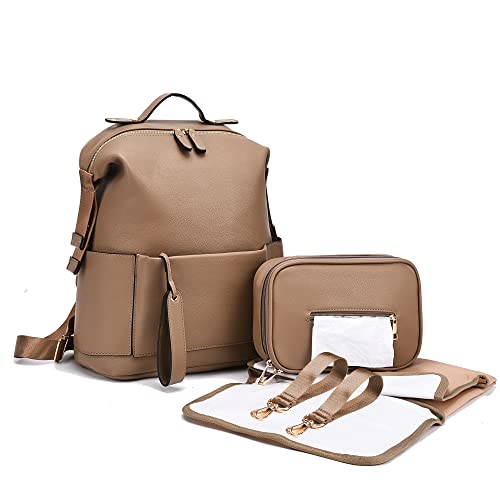Image of ARDIKAMA Diaper Bag Backpack Leather Backpack for Women Travel Dad Mother Outdoor Backpack with Changing Pad Stroller Straps(2 pieces) Khaki