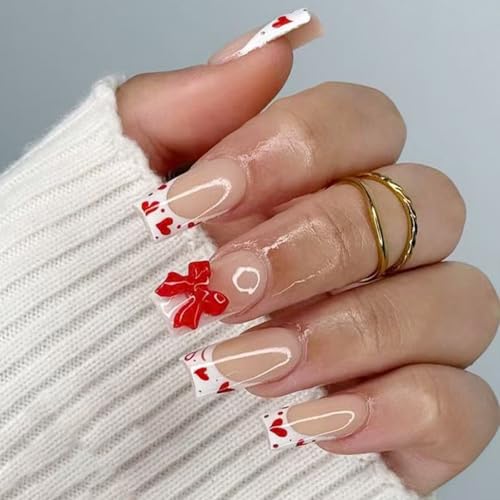 Image of White Press on Nails French Tip Fake Nails with Heart Design Medium Square Stick on Nail Glossy Full Cover Bow Glue on Nail for Women Girls Manicure 24Pcs