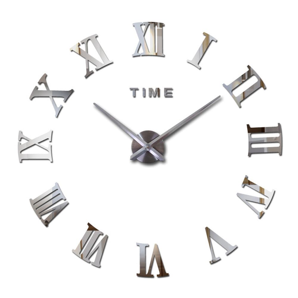 Bigteddy Silver Frameless Wall Mute 3D Mirror Diy Extra Large Roman Numerals Sticker Clock