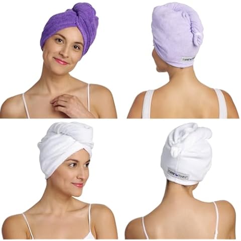 Turbie Twist 4-Pack Microfiber Hair Towel for Beauty, Travel, Gifting - Hair Wrap Turban for Straight, Wavy & Curly Hair - Premium Hair Care (Dark Purple, Light Purple, White) Cover