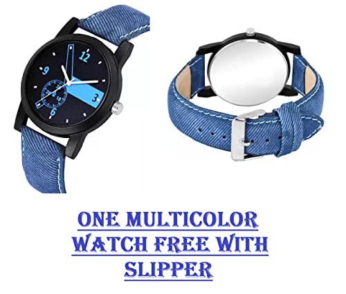 Image of GoodFeel Synthetic Leather Flat Outdoor Sandal Slipper Flip Flop With One Analog Multicolor Leather Watch For Men [1004BK9][WCH66]