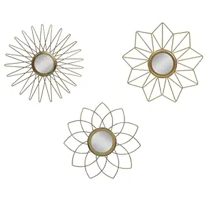 Metro Kreations Decorative Wall Mirror Set, 3 Pieces, Sunburst Design, Brass Finish | Glamour Design Wall Mount Hanging Mirror Sculpture,Wall Mirror for Living Room, Dining Hall, Bedroom