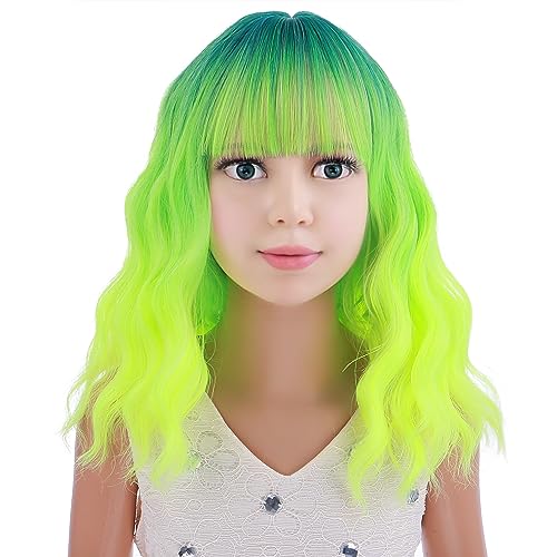 Image of PATTNIUM Neon Green Wig for Kids Child Short Curly Wavy Wig with Bangs Ombre Green Wigs Girls Lime Green Synthetic Wigs for Cosplay Costume Party