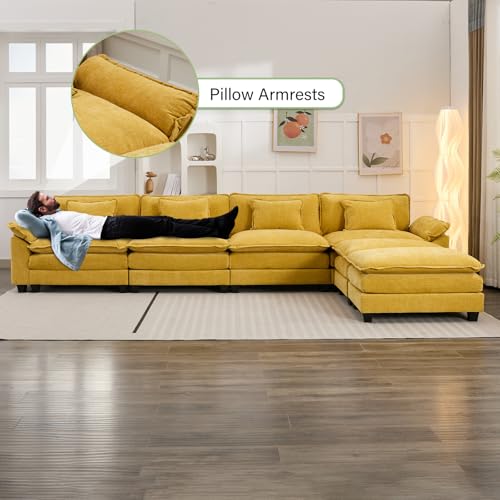 Image of Oprisen 154 inch Modular Sectional Sofa, Comfy Cloud Couch Sectional Sofa with Ottoman, Chenille Sofa Sleeper Deep Seat Sofa with Throw Pillows for Living Room (Yellow, 154 inch- U Shape)