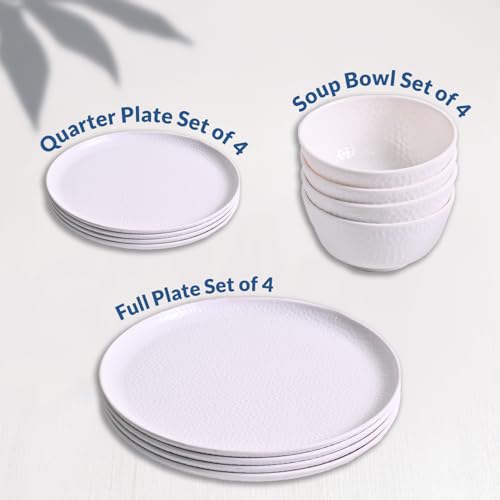 Image of Market99 Heavy-Duty White Hammered Melamine Dinner Set - 12 Pcs | Includes 4 Dinner Plates, 4 Side Plates & 4 Soup Bowls | Matte Finish Tableware for Daily Dining, Home Kitchen & Modern Meal Setup