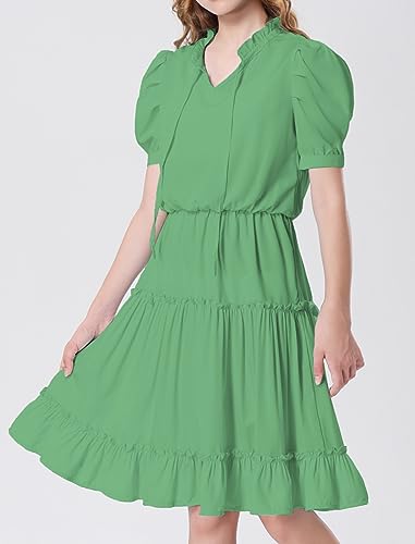 Mebius Girls Puff Short Sleeve Tie Front V Neck Elastic Waist Boho A-Line Dress Tiered Dresses for Casual School Preppy 6-12Y2