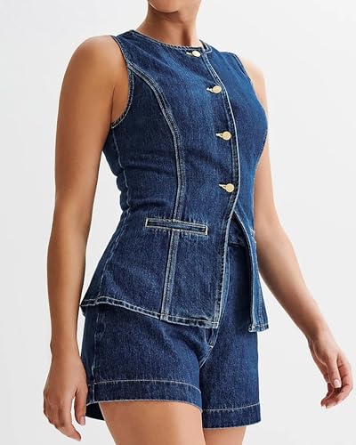 Women's Denim 2 Piece Set Sleeveless Button Down Denim Blazer Vest Tops and High Waist Short Casual Waistcoat Jean Vest Set3