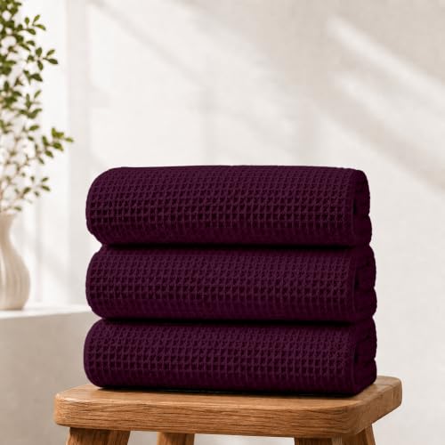 Image of Pure Cotton Waffle Towel | Lightweight | Anti Microbial and Water Absorbent | Soft Touch Quick Drying Bath Towels (Wine, Pack of 1)