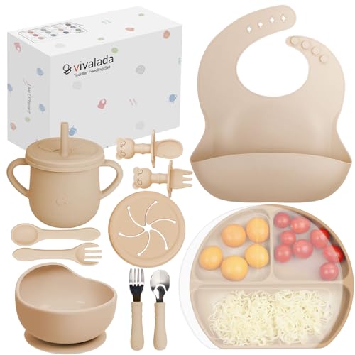 Image of Vivalada Silicone Feeding Set - Baby Led Weaning Supplies, Suction Plate with Lid and Bowl, Toddler Self Feeding Spoons Forks Sippy Cup Adjustable Bib, Utensils for 6-12 Months (Beige)