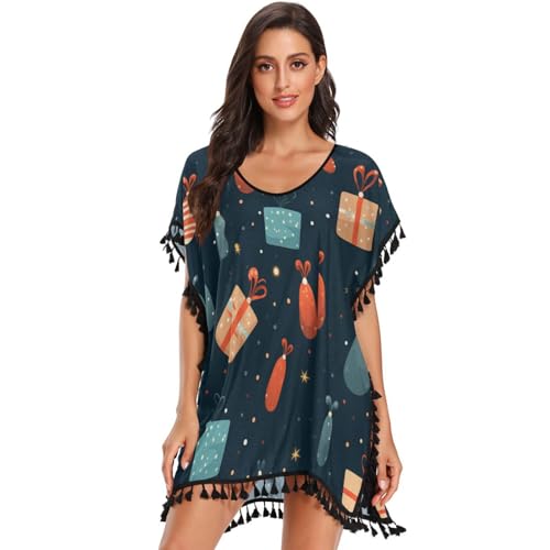 Dark Art Christmas Blue Women's Beach Cover Up Chiffon Tassel Swimwear Swimsuit Coverups for Girl
