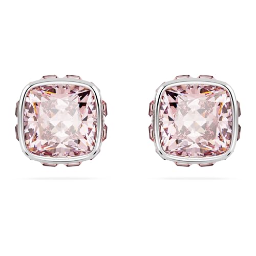 Swarovski Birthstone stud earrings, Square cut, June, Pink, Rhodium plated