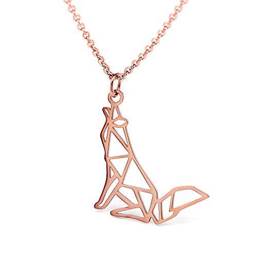 HANFLY Halskette mit Wolf, vergoldet mit 18 kt Rotgold, geometrischer Origami-Schmuck, 41,9 cm + 3,8 cm Verlängerung.