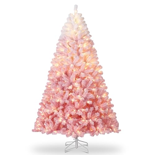Artificial Christmas Tree with 250 Warm White LED Lights, 6Ft Pink Gradient Snow Frosted Xmas Tree for Holiday Decoration with 750 Realistic Branch Tips & Metal Stand