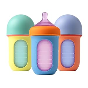Boon Nursh Reusable Silicone Pouch Baby Bottles – Medium Flow Nipple – Silicone Baby Bottle Pouch and Nipple – Baby Feeding Essentials – Color Block – 3-6 Months – 3 Count – 8 Ounce