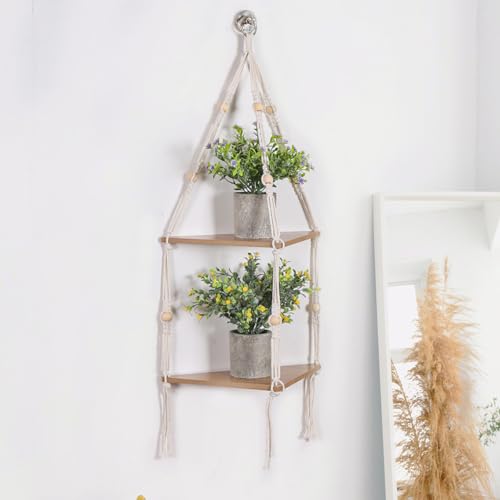 Hapihom 2 Tier Hanging Corner Wall Shelf with Rope Wood Floating Shelves Rustic Boho Plant Holder Farmhouse Storage Organizer Rack Home Decor for Plants Pots Photo Frames
