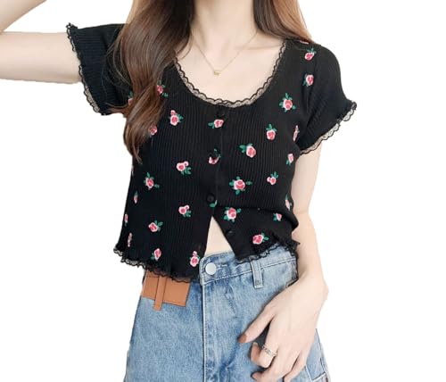 Image of ICW Women's Korean Style Round Neck Half Sleeve Button-Up Floral Knitted Crop Top T-Shirt for Girls DN286 (One Size Fit XS-S)