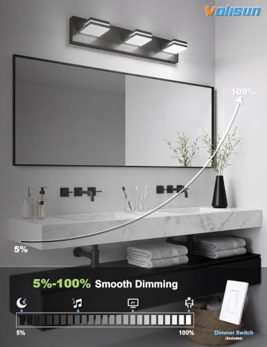 Image of VOLISUN 3 Light Bathroom Vanity Light, 24 inch Dimmable Bathroom Light Fixtures Over Mirror, 5 Color Temperatures, 180Rotatable Head, Black LED Vanity Lights for Bathrooms-ETL Certificated