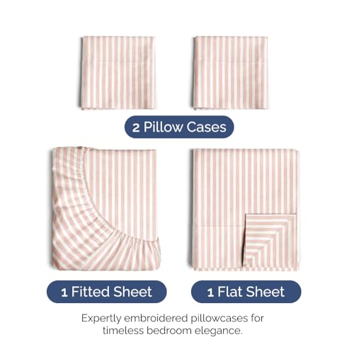 Image of Queen Size 4 Piece Sheet Set - Soft & Cooling Bed Sheets - Blush Stripes 1 | Fits 8 Inch to 16 inch Mattress, Wrinkle Free & Fade Resistant with Deep Pockets, Breathable, Comfy Hotel Luxury Bedding